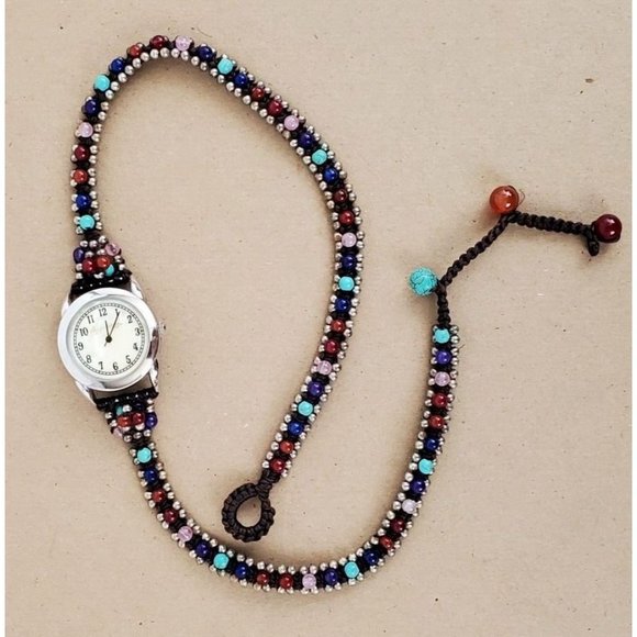 Elly Preston Multi Color Gemstone Mother of Pearl Woven Bead Wraparound Watch - Picture 1 of 6